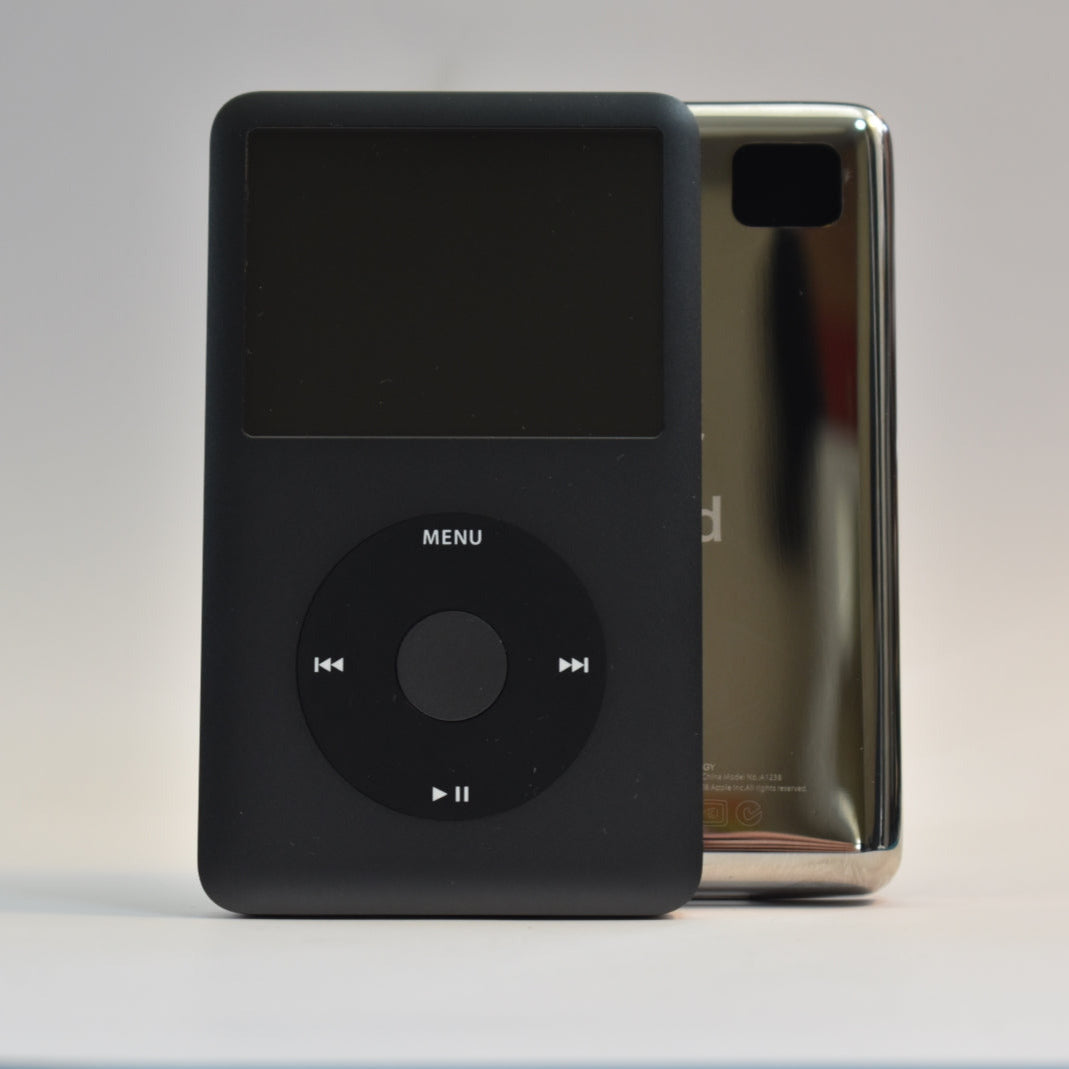 Custom iPod classic with Bluetooth front profile view in grey and rear casing