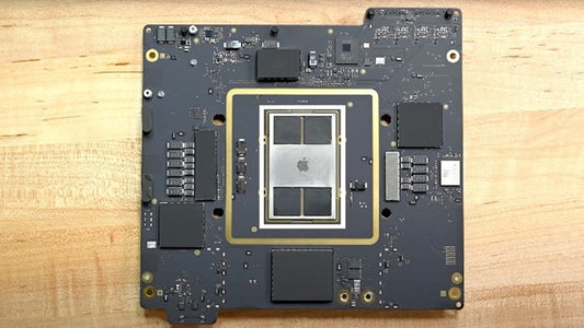 Mac Studio motherbaord, showing its RAM chips soldered onto the processor die