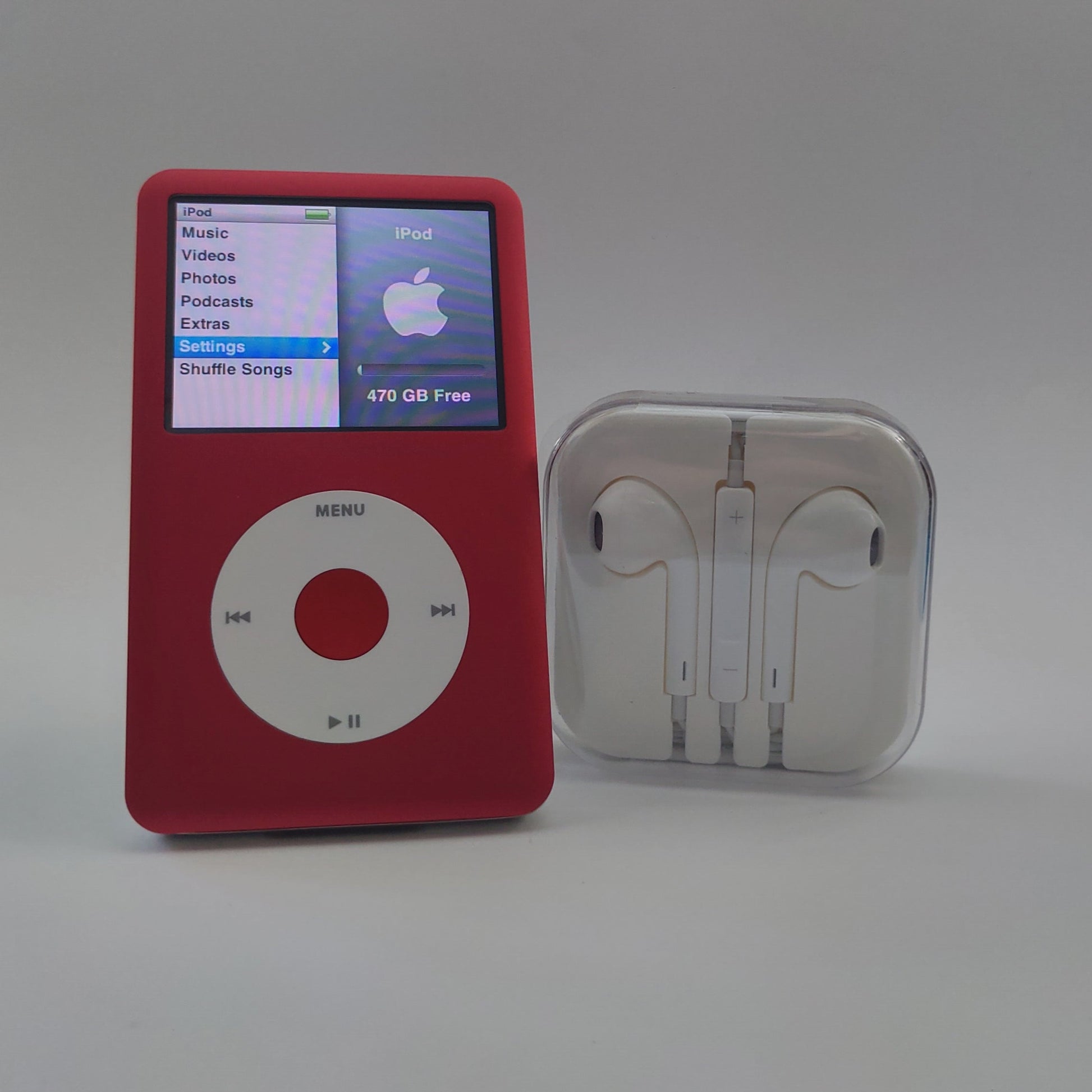 Red iPod classic with White Click Wheel front view with headphones 512GB