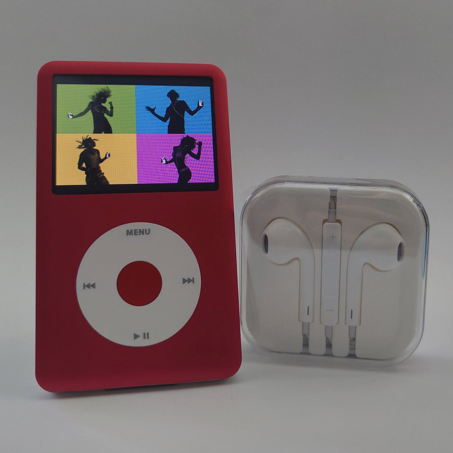Red iPod classic with White Click Wheel front view with headphones