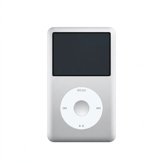 Front view of a silver iPod Classic with a white click wheel and matching silver centre button