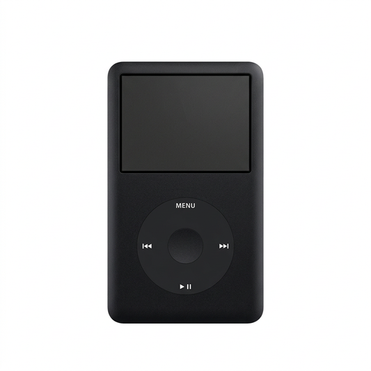 Front view of a black iPod Classic with a matching black click wheel and centre button