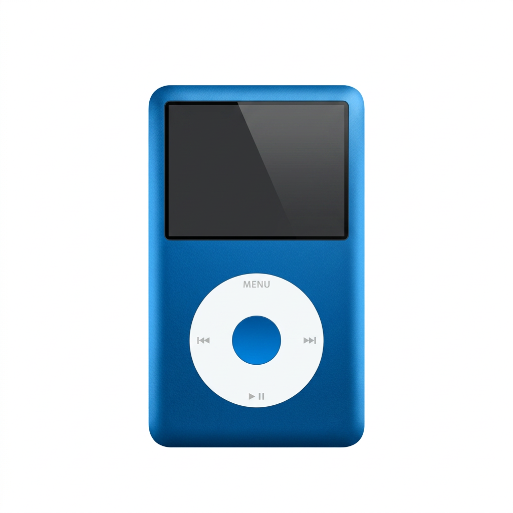 Front view of a blue iPod Classic with a white click wheel and matching blue centre button