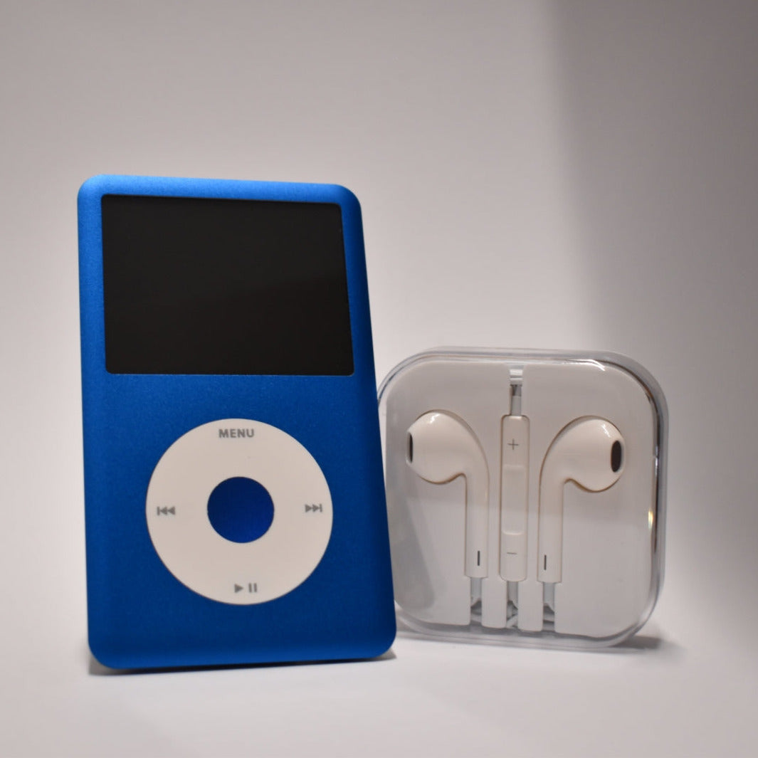 Blue iPod Classic with a white click wheel and matching blue centre button, together with white earphones