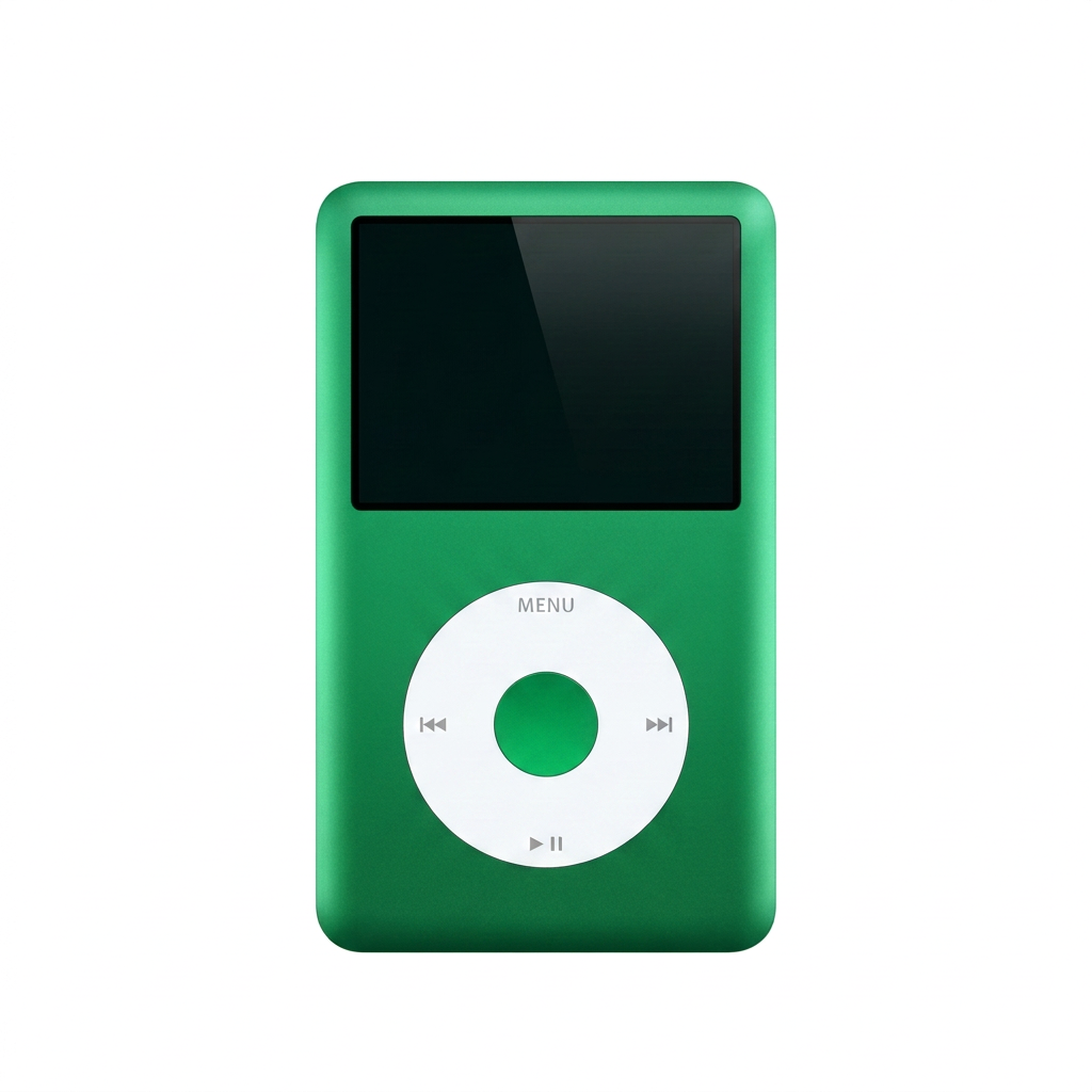 Front view of a green iPod Classic with a white click wheel and matching green centre button
