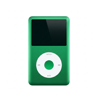 Front view of a green iPod Classic with a white click wheel and matching green centre button