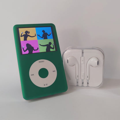 Green iPod Classic with a white click wheel displaying colourful dancing silhouettes, together with white earphones