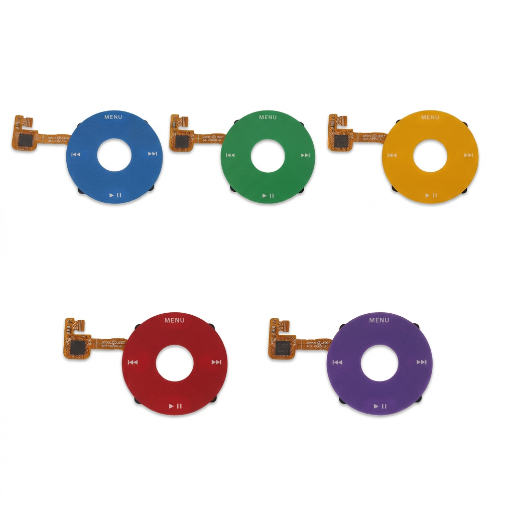 iPod Classic replacement click wheels in blue, green, yellow, red and purple, each with an attached orange ribbon cable