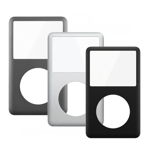 Grey, silver and black iPod Classic replacement front housings with rectangular screen windows and round click-wheel openings