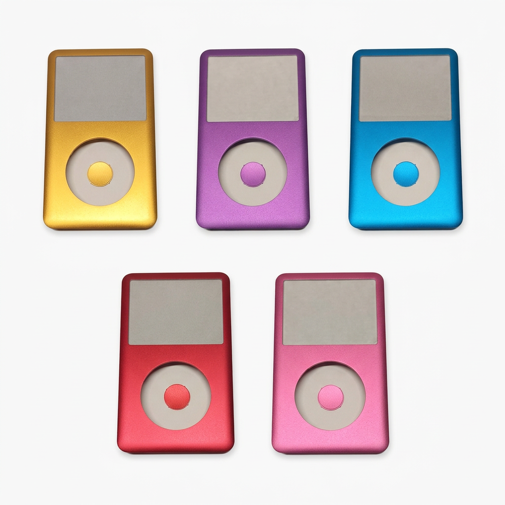 iPod Classic replacement front housings in gold, purple, blue, red and pink, each with a matching centre button