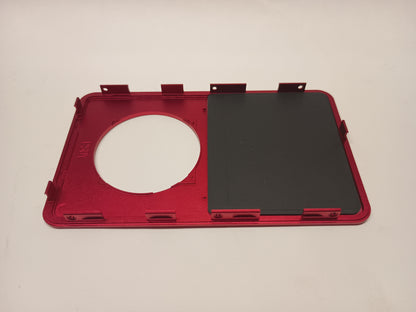 Interior view of a red iPod Classic replacement front housing with its screen backing and mounting tabs