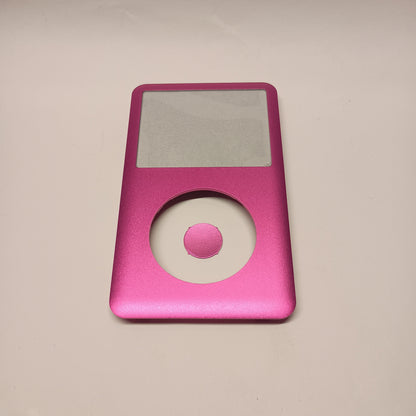 Front view of a pink iPod Classic replacement front housing with a matching centre button and screen window