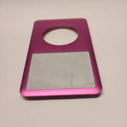 Pink iPod Classic replacement front housing, viewed from the screen end at a low angle