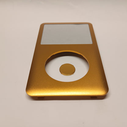 Gold iPod Classic replacement front housing with a matching centre button, viewed from the lower end