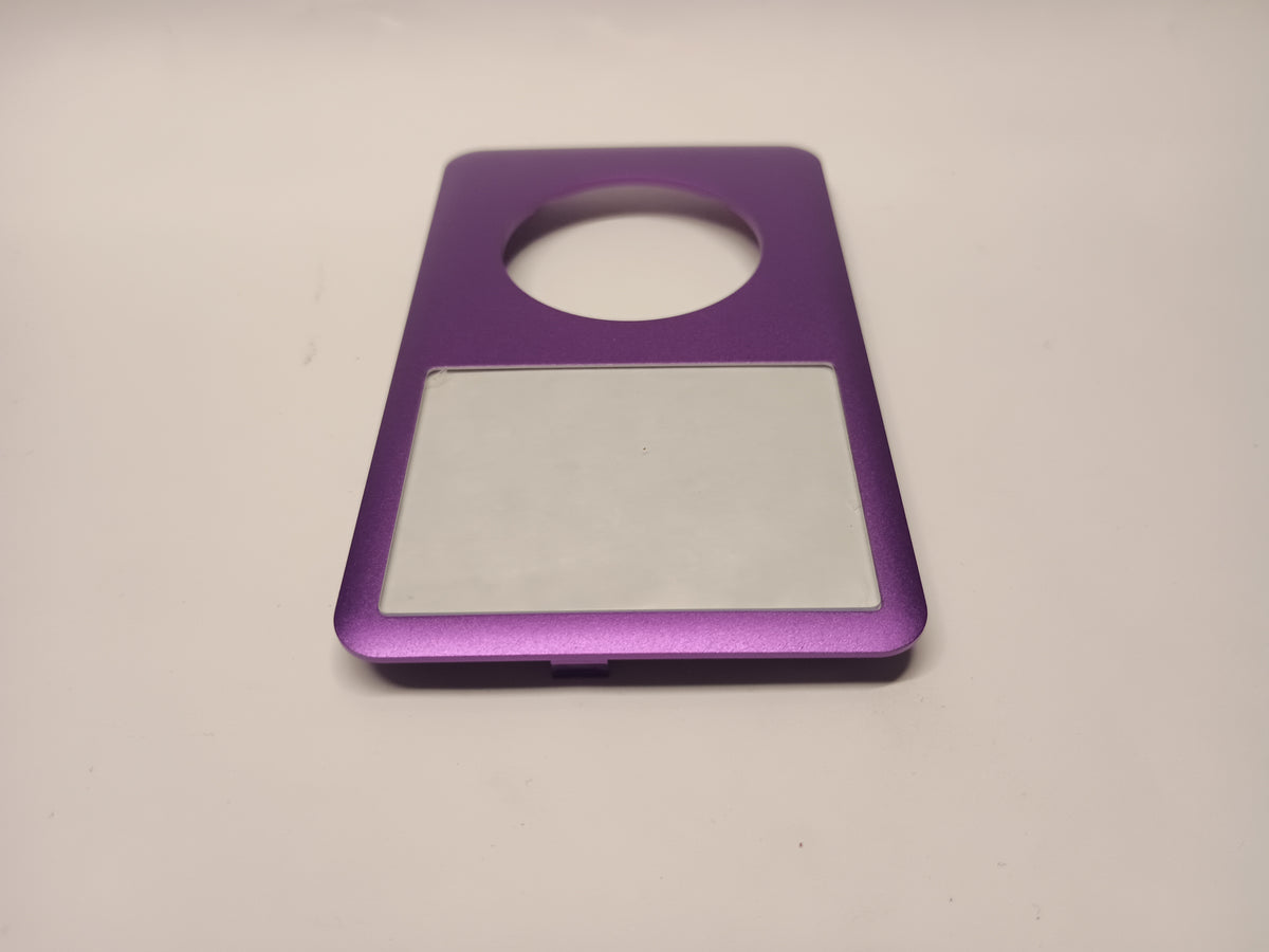 Purple iPod Classic replacement front housing, viewed from the screen end at a low angle