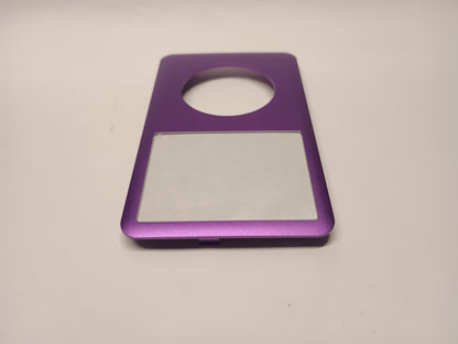 Purple iPod Classic replacement front housing, viewed from the screen end at a low angle