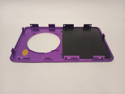 Interior view of a purple iPod Classic replacement front housing with its screen backing and mounting tabs