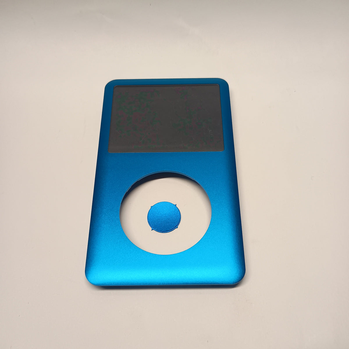 Front view of a blue iPod Classic replacement front housing with a matching centre button