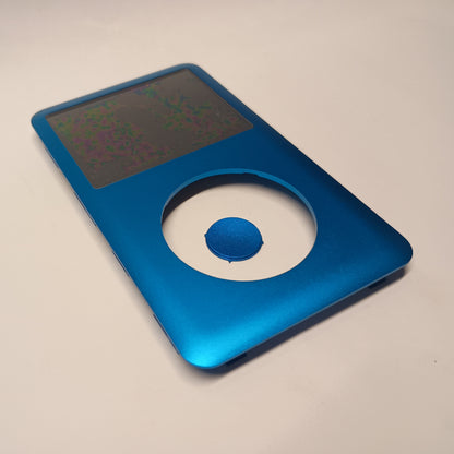 Blue iPod Classic replacement front housing and matching centre button, shown at an angle from the lower end