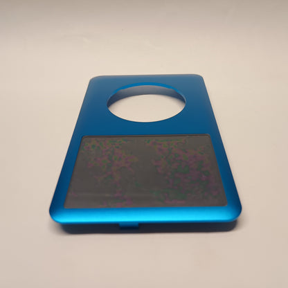 Blue iPod Classic replacement front housing, viewed from the screen end at a low angle