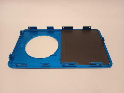 Interior view of a blue iPod Classic replacement front housing with its screen backing and mounting tabs
