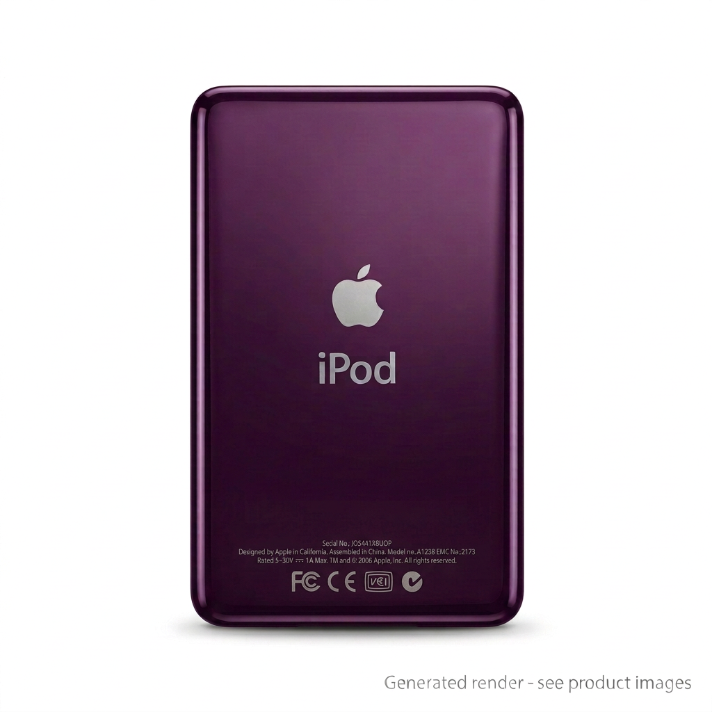 Generated render of a polished purple iPod Classic replacement rear housing with Apple and iPod engraving