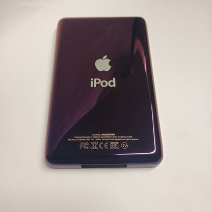 Polished purple iPod Classic replacement rear housing, shown from the back with Apple and iPod engraving