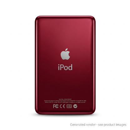 Generated render of a polished red iPod Classic replacement rear housing with Apple and iPod engraving
